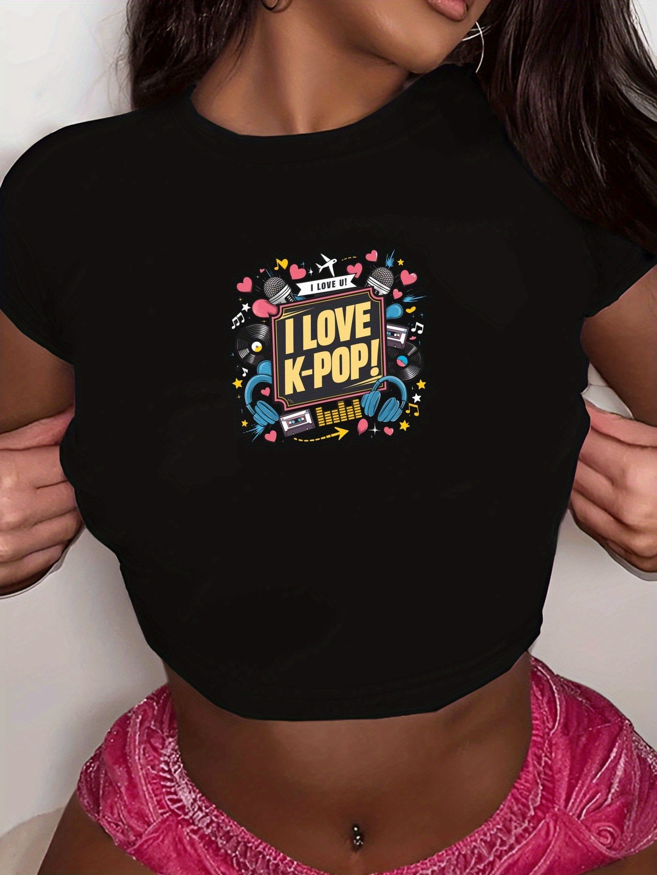 I Love K-Pop" Women's Y2K Fashion Crop Top T-Shirt - Vibrant Graphic Print, Soft Polyester & Spandex Blend, Stretchy, Machine Washable, Round Neck, Short Sleeve, Cute Shirts